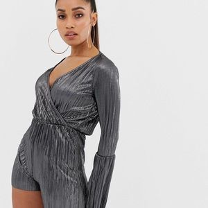 Missguided plisse wrap front romper in silver